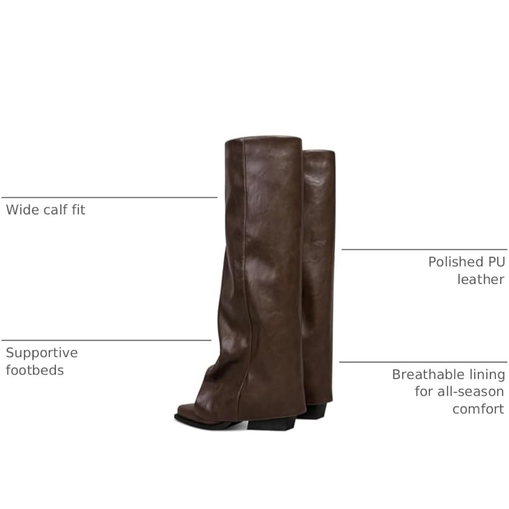 Fold Over Knee High Wide Calf Chunky Heel Long Boots Pointed Toe - Picture 4 of 6